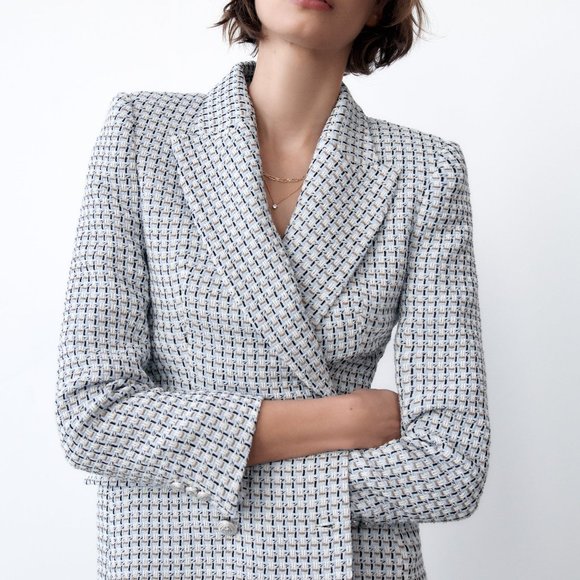 SOLD RARE BLOGGERS FAV Zara textured double breasted blazer blue silver tweed… - Picture 5 of 7